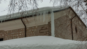 church frozen by winter snow
