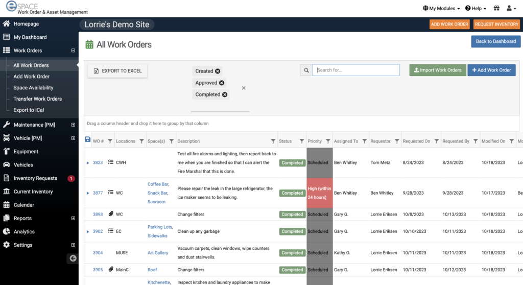 A software screenshot of eSPACE Work Order & asset management work order dashboard